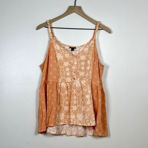 Torrid Babydoll Cami Tank Top 2X Peach Floral Crinkle Gauze V-Neck Festival Boho